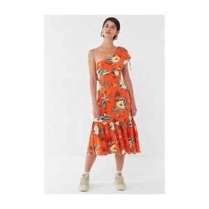UO Carmen Linen One-Shoulder Ruffle Midi Dress